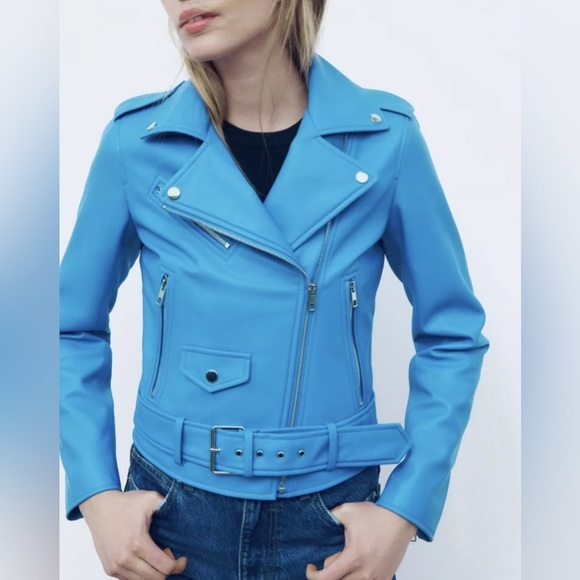BNWT  Zara Faux Leather Blue Moto Jacket - Size Small - Picture 7 of 9